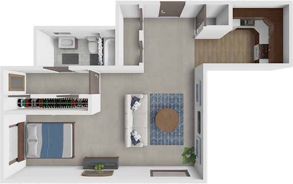 A 3D rendered image of a modern apartment layout.