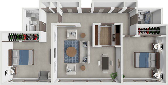 A 3D floor plan of a house showing a kitchen, living room, and bathroom.