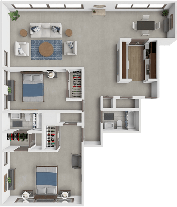 A 3D floor plan of a small apartment with a bedroom, living room, kitchen, and bathroom.