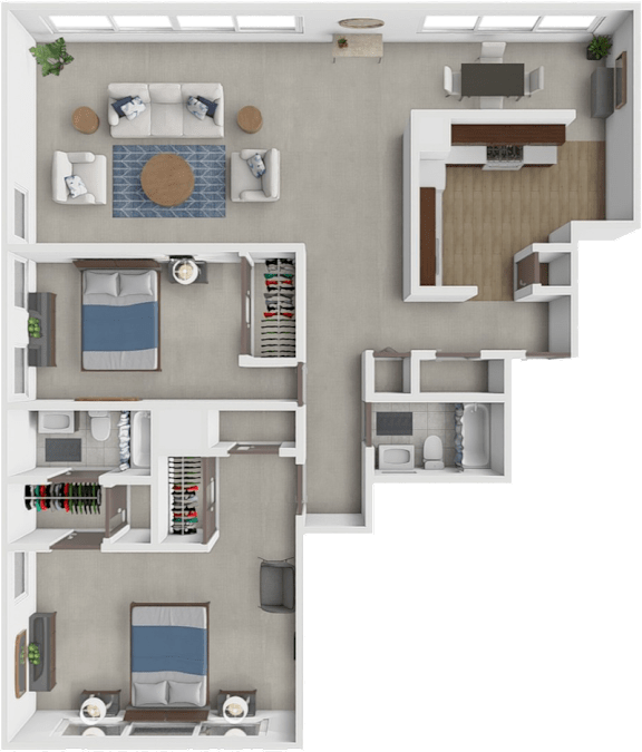 A 3D floor plan of a house with a living room, kitchen, dining room, and bedrooms.