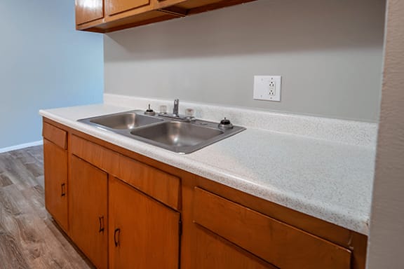 A kitchen with a sink and cabinets.