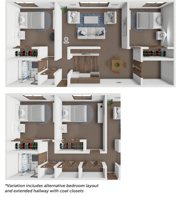Floor Plan  A set of two images showing different layouts of a small apartment.