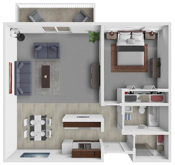 A 3D rendered image of a modern bedroom with a bed, nightstand, and a mirror.
