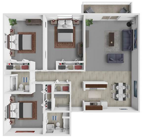 A 3D floor plan of a small apartment with two bedrooms, a living room, and a kitchen.