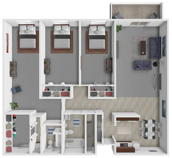 A 3D rendered image of a small apartment layout.