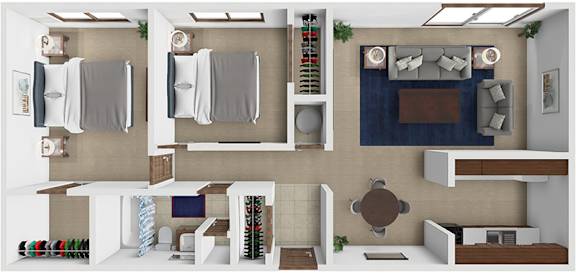 A top-down view of a small apartment with a kitchen, living room, and bedroom.