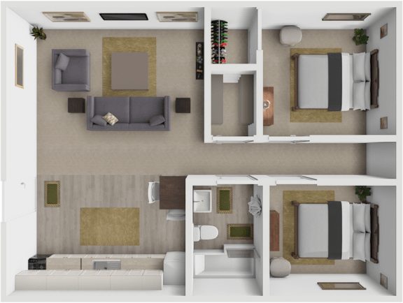 Floor Plan  a 3d rendering of a bedroom with a living room and a bathroom