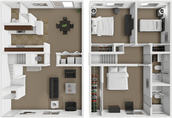 A split image of a room with a kitchen on the left and a bedroom on the right.