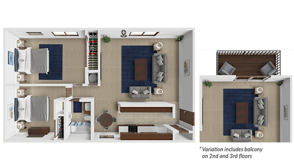 A floor plan of a house with three bedrooms and a living room.