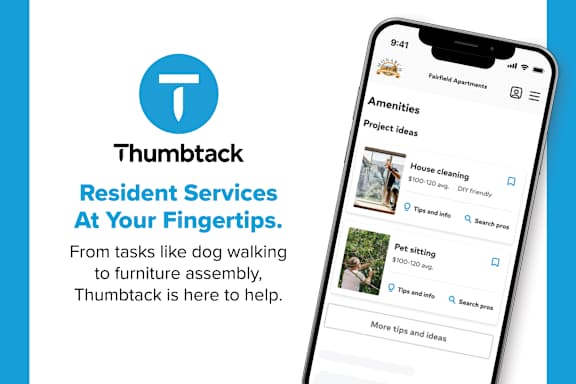 A smartphone displaying a resident services app with options for house cleaning and pet sitting.