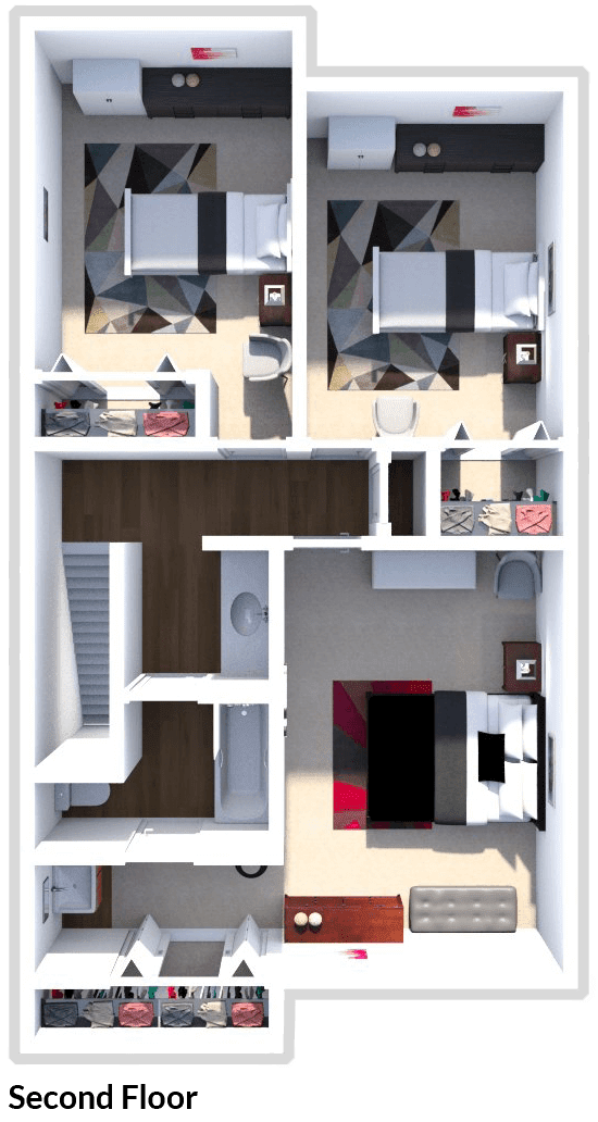 3 bedroom 2 bathroom Albatross floor plan at Meadow Lark Apartments Second Floor