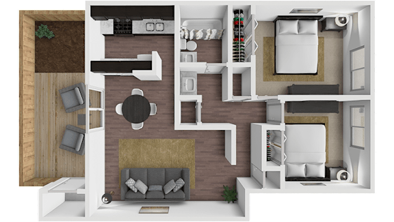 A top-down view of a modern apartment layout with a kitchen, living room, and bedroom.