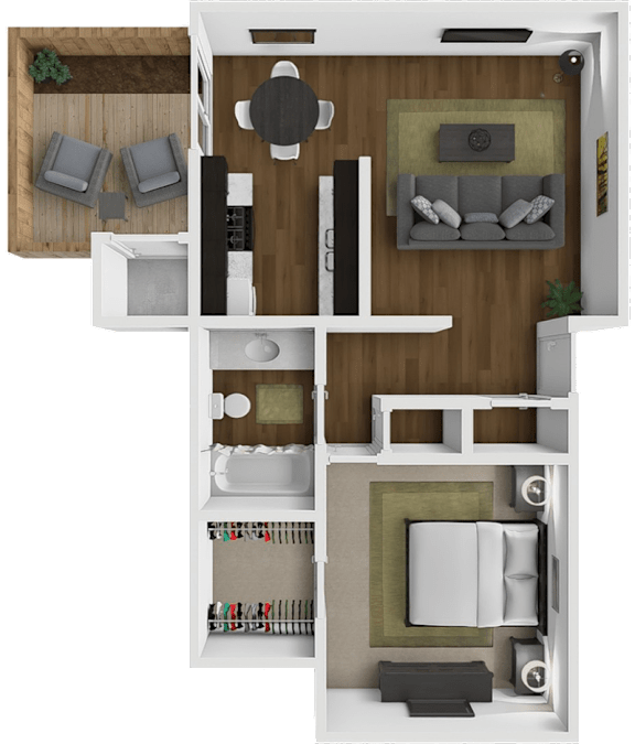 A top-down view of a modern apartment layout with a living room, dining area, kitchen, and bedroom.