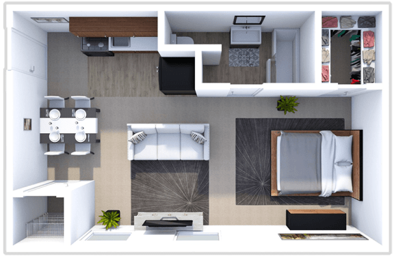 a 3d rendering of a bedroom with a bathroom and a living room