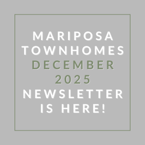 A grey square with text announcing the Mariposa Townhomes December 2025 newsletter.