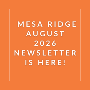 The image announces the availability of the Mesa Ridge August 2026 newsletter.