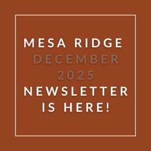 A brown square with white text announcing the Mesa Ridge December 2025 Newsletter.