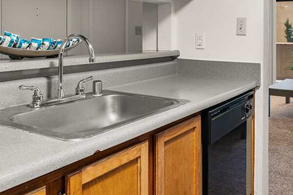 A kitchen with a sink and a bowl of blue and white cookies on the counter.