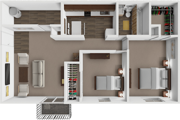 A 3D rendered image of a modern apartment layout.