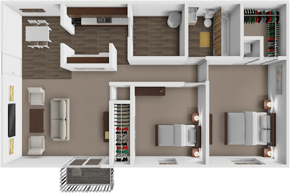 Floor Plan  A 3D rendered image of a modern apartment layout.