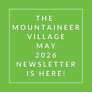 The image announces the release of the Mountaineer Village May 2026 newsletter.