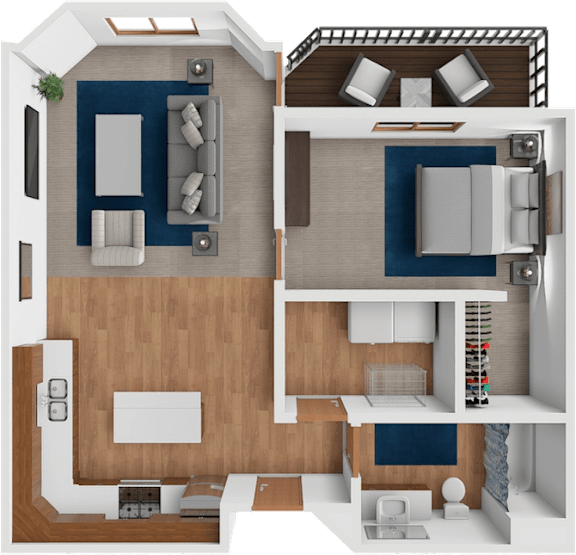 A 3D floor plan of a house showing a living room, kitchen, and bathroom.