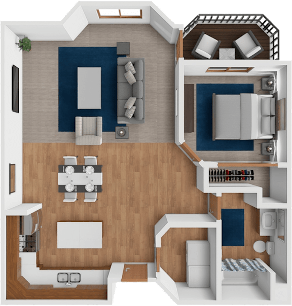 A top-down view of a house layout with a living room, kitchen, and bedrooms.