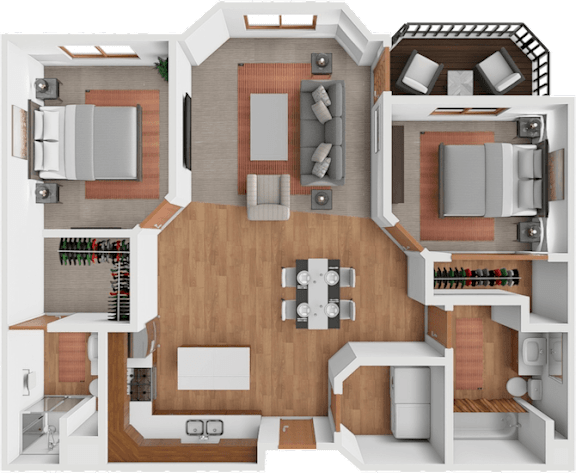 A 3D rendered image of a house layout with a kitchen, living room, dining area, and two bedrooms.