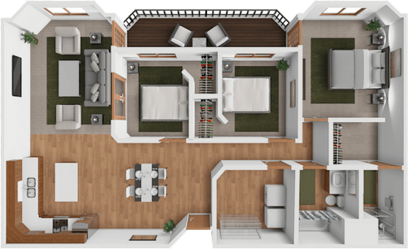 A 3D floor plan of a house with a kitchen, living room, and bathrooms.
