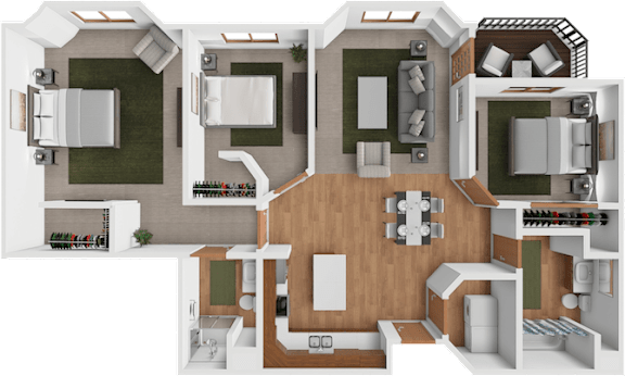 A 3D floor plan of a house layout.