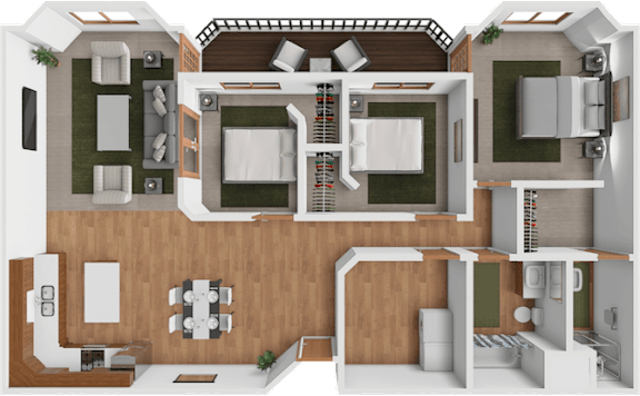 A 3D floor plan of a house layout.