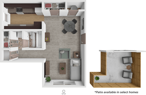 A top-down view of a living room with a couch, coffee table, and a note that patio is available in select homes.