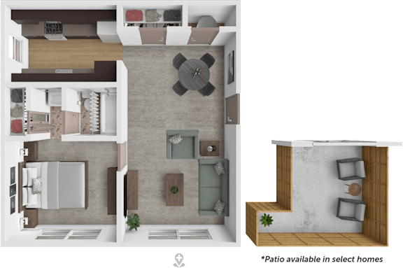 A 3D floor plan of a home with a kitchen, living room, and bathroom.