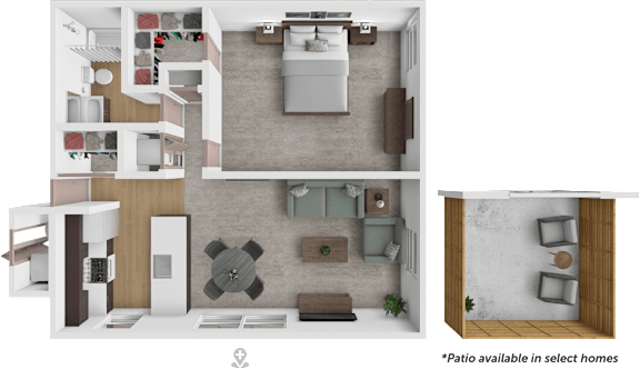 A floor plan of a home with a kitchen, living room, and bathroom.