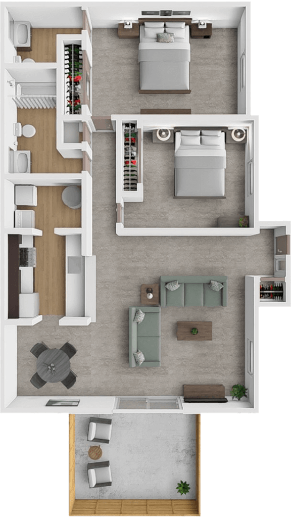 A top-down view of a house interior with a kitchen, living room, and bathroom.