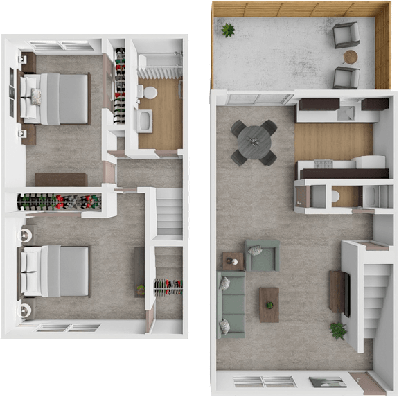 A 3D floor plan of a house with two different layouts.