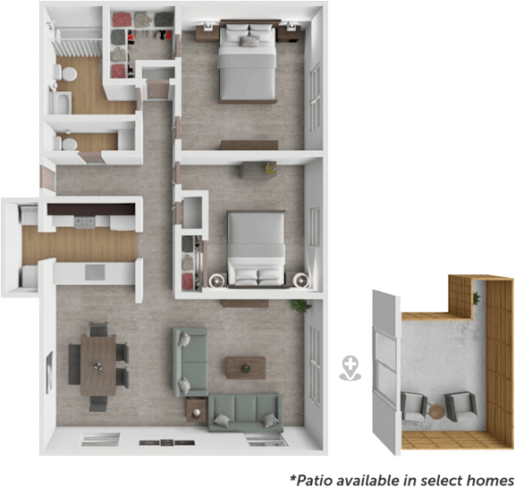 A 3D floor plan of a home layout with a kitchen, living room, and bedrooms.