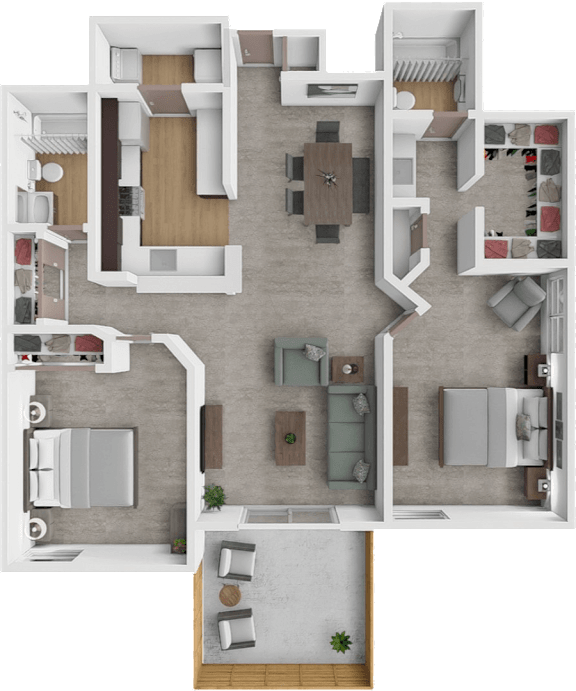 A top-down view of a house floor plan with a kitchen, living room, bedrooms, and bathrooms.