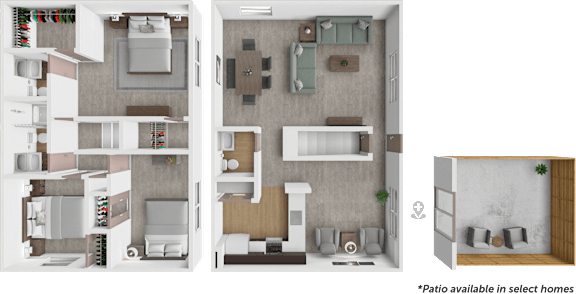 A diagram shows the layout of a kitchen, a living room, and a patio.