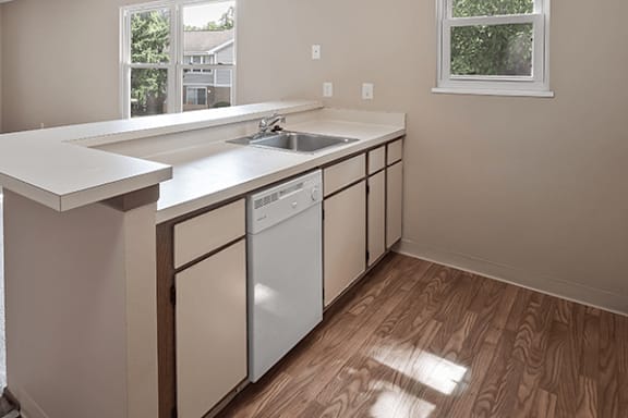 A kitchen with a white counter top and a dishwasher.