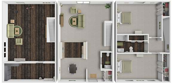 A floor plan of a house with a kitchen, living room, and bedrooms.