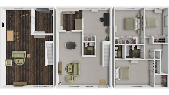 A 3D floor plan of a house showing a living room, kitchen, and bedrooms.