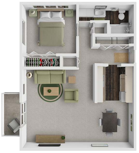 A top-down view of a house layout with a bedroom, living room, kitchen, and bathroom.