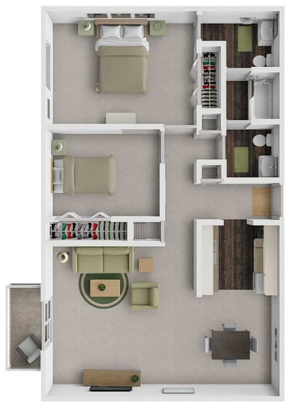 A 3D floor plan of a small apartment with two bedrooms, a living room, and a kitchen.