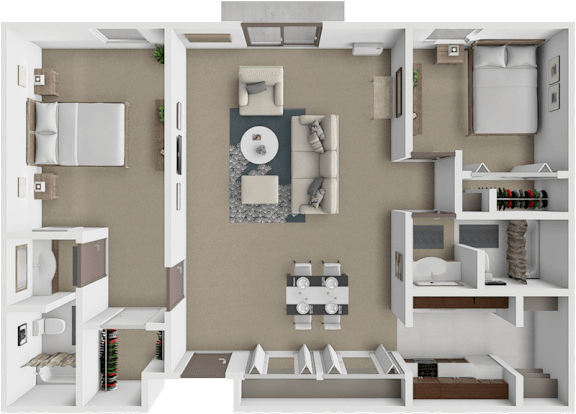 A 3D floor plan of a small apartment with a kitchen, living room, and bedrooms.