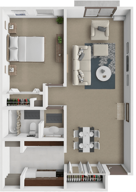 A 3D floor plan of a small apartment with a kitchen, living room, and bedroom.