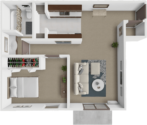 A 3D rendered image of a modern apartment layout.