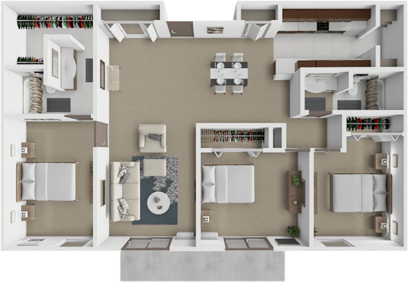 A 3D floor plan of a house showing the layout of the rooms.