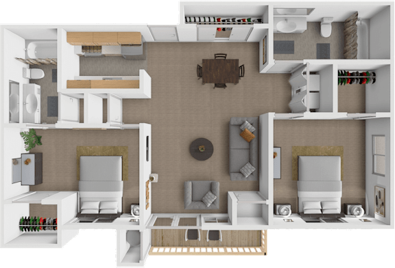 Floor Plan  A 3D floor plan of a house showing a kitchen, living room, dining room, and bedrooms.