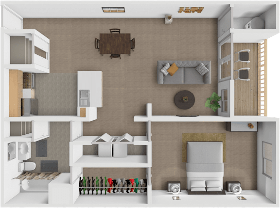 Floor Plan  A 3D rendered image of a modern, minimalist apartment.